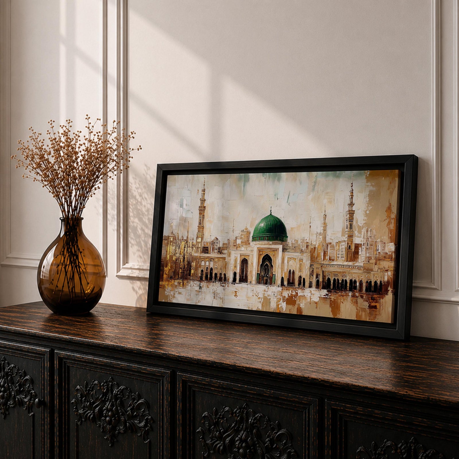 A panoramic painting of Masjid Al Nabawi in Medina featuring the iconic green dome centered among elegant mosque arches and tall minarets, rendered with textured brushstrokes and warm beige and gold tones that highlight the sacred architecture and expansive courtyard of the historic Islamic landmark.
