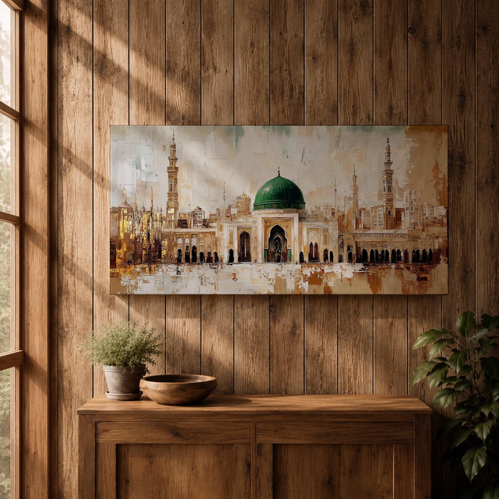 A panoramic painting of Masjid Al Nabawi in Medina featuring the iconic green dome centered among elegant mosque arches and tall minarets, rendered with textured brushstrokes and warm beige and gold tones that highlight the sacred architecture and expansive courtyard of the historic Islamic landmark.