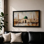 A panoramic painting of Masjid Al Nabawi in Medina featuring the iconic green dome centered among elegant mosque arches and tall minarets, rendered with textured brushstrokes and warm beige and gold tones that highlight the sacred architecture and expansive courtyard of the historic Islamic landmark.