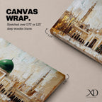 A panoramic painting of Masjid Al Nabawi in Medina featuring the iconic green dome centered among elegant mosque arches and tall minarets, rendered with textured brushstrokes and warm beige and gold tones that highlight the sacred architecture and expansive courtyard of the historic Islamic landmark.