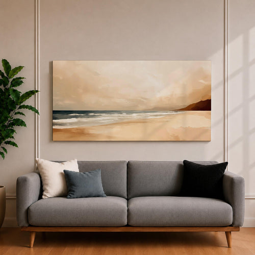 Panoramic coastal landscape painting showing a quiet sandy beach with gentle ocean waves rolling onto the shore beneath a soft sky. Subtle tones of beige, blue, and warm gray create a calm atmosphere while distant hills stretch along the horizon and light reflects across the water.
