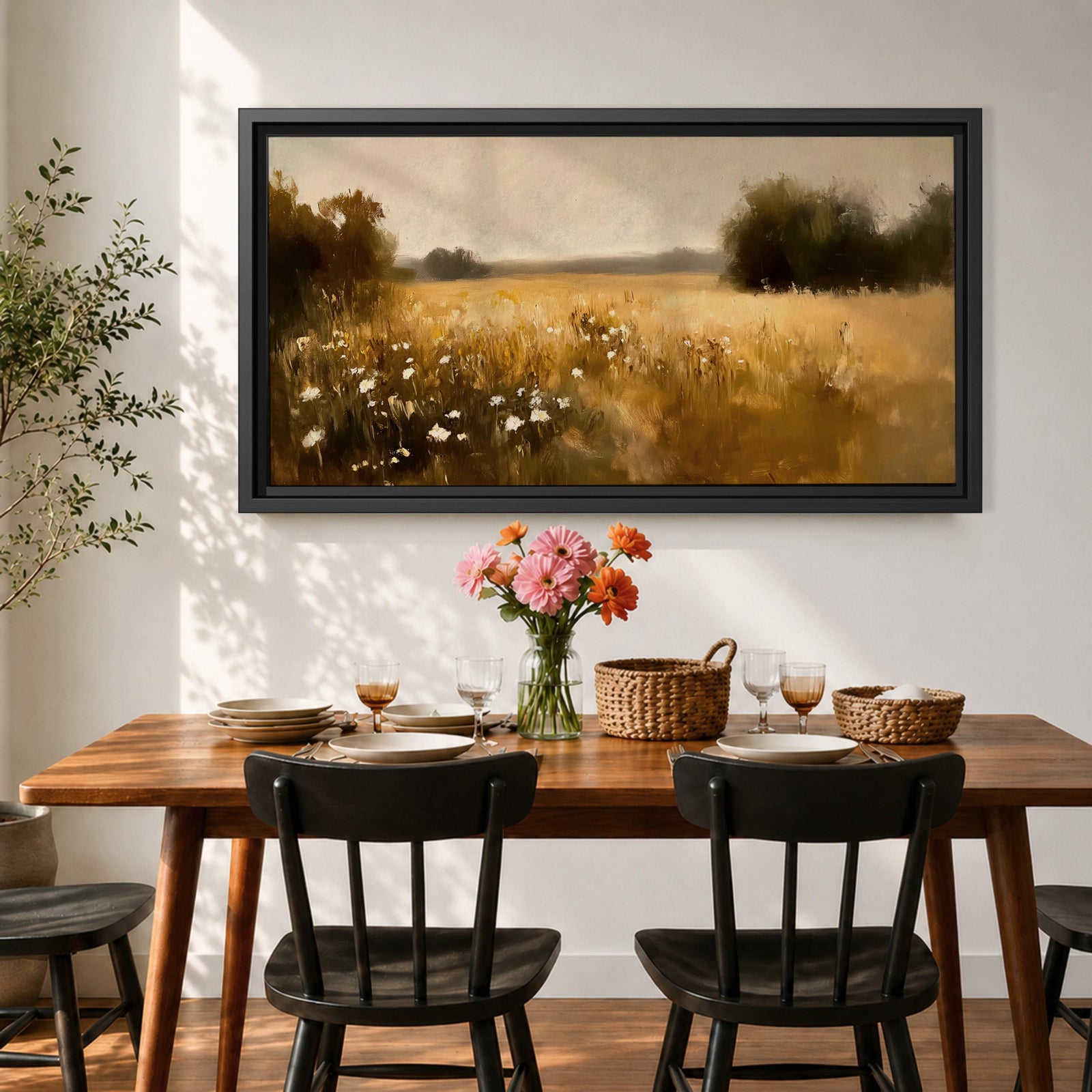 A panoramic painting of a golden meadow filled with tall grasses and scattered white wildflowers stretching across an open countryside field toward a distant horizon, bordered by darker tree clusters and rendered with soft impressionist brushstrokes in warm earthy tones that create depth and a quiet rural atmosphere.