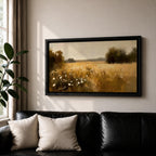 A panoramic painting of a golden meadow filled with tall grasses and scattered white wildflowers stretching across an open countryside field toward a distant horizon, bordered by darker tree clusters and rendered with soft impressionist brushstrokes in warm earthy tones that create depth and a quiet rural atmosphere.