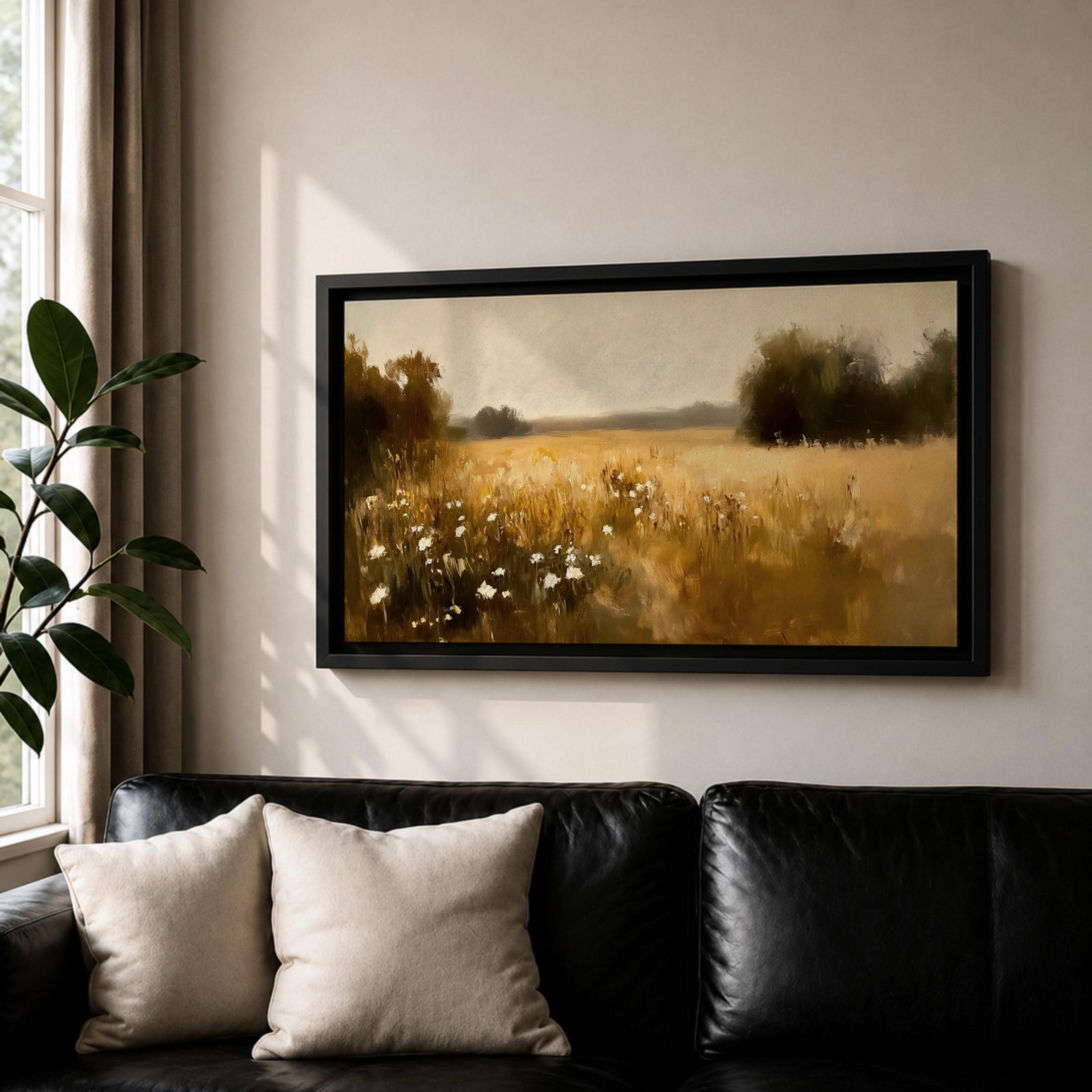 A panoramic painting of a golden meadow filled with tall grasses and scattered white wildflowers stretching across an open countryside field toward a distant horizon, bordered by darker tree clusters and rendered with soft impressionist brushstrokes in warm earthy tones that create depth and a quiet rural atmosphere.