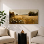 A panoramic painting of a golden meadow filled with tall grasses and scattered white wildflowers stretching across an open countryside field toward a distant horizon, bordered by darker tree clusters and rendered with soft impressionist brushstrokes in warm earthy tones that create depth and a quiet rural atmosphere.