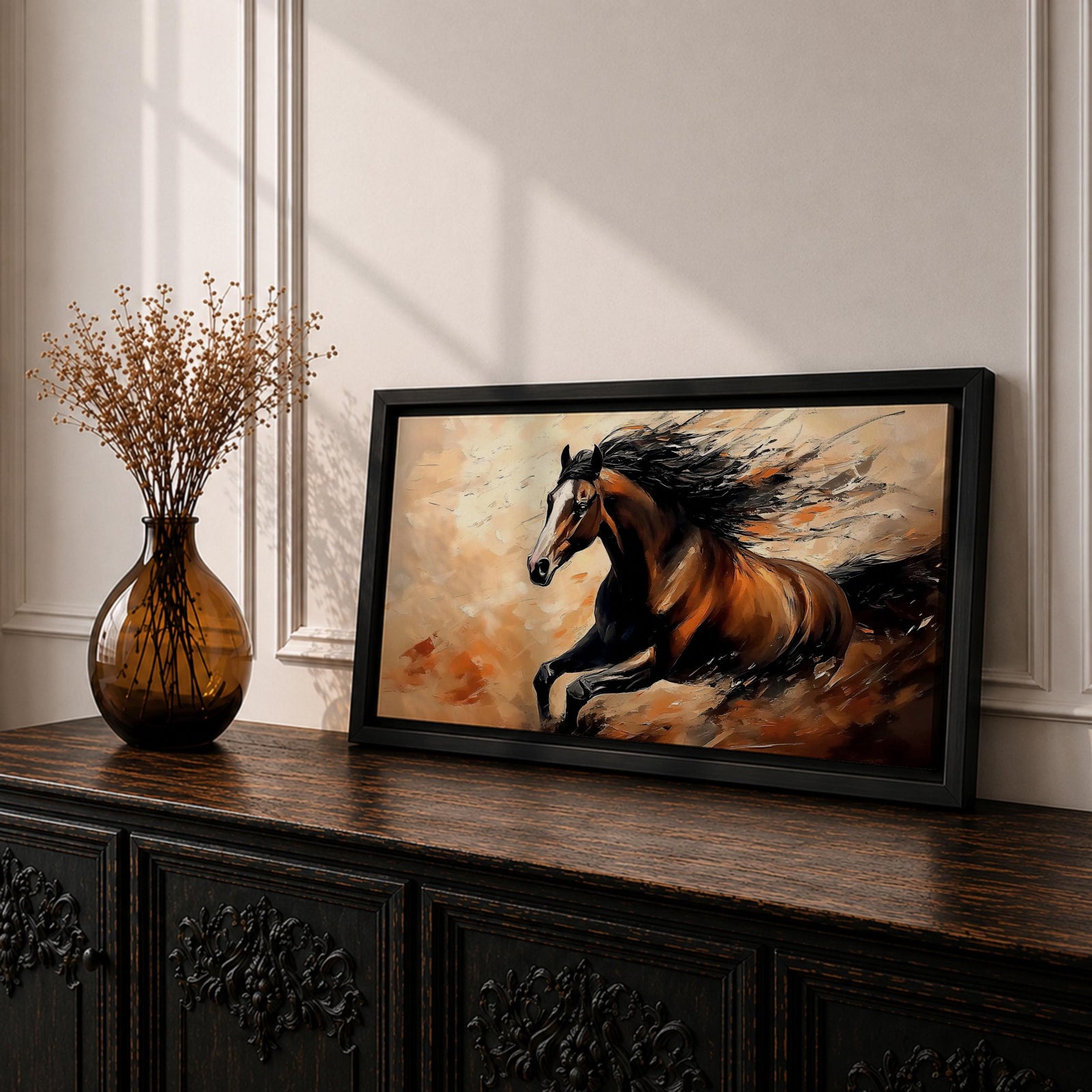 A panoramic painting of a powerful brown horse running at full speed with flowing black mane and tail, captured mid gallop with expressive brushstrokes and warm earthy tones, creating a sense of motion and energy against a textured background of beige and rust colored abstract strokes.