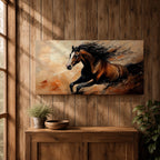 A panoramic painting of a powerful brown horse running at full speed with flowing black mane and tail, captured mid gallop with expressive brushstrokes and warm earthy tones, creating a sense of motion and energy against a textured background of beige and rust colored abstract strokes.