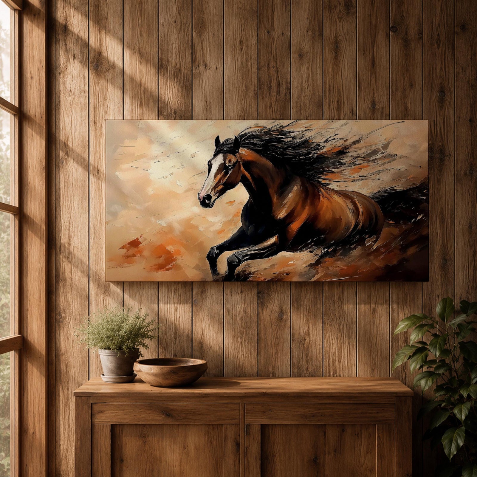 A panoramic painting of a powerful brown horse running at full speed with flowing black mane and tail, captured mid gallop with expressive brushstrokes and warm earthy tones, creating a sense of motion and energy against a textured background of beige and rust colored abstract strokes.
