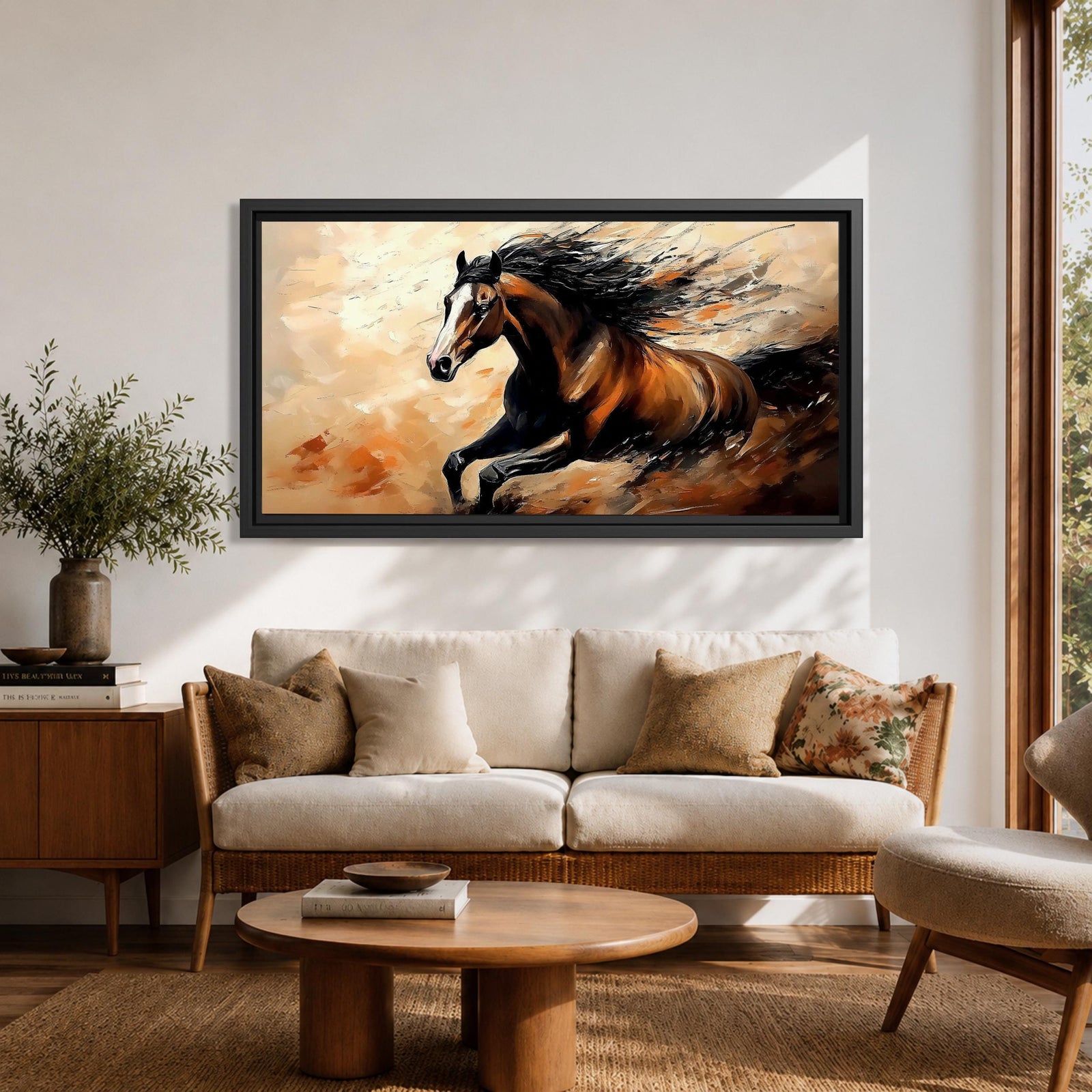 A panoramic painting of a powerful brown horse running at full speed with flowing black mane and tail, captured mid gallop with expressive brushstrokes and warm earthy tones, creating a sense of motion and energy against a textured background of beige and rust colored abstract strokes.