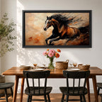 A panoramic painting of a powerful brown horse running at full speed with flowing black mane and tail, captured mid gallop with expressive brushstrokes and warm earthy tones, creating a sense of motion and energy against a textured background of beige and rust colored abstract strokes.