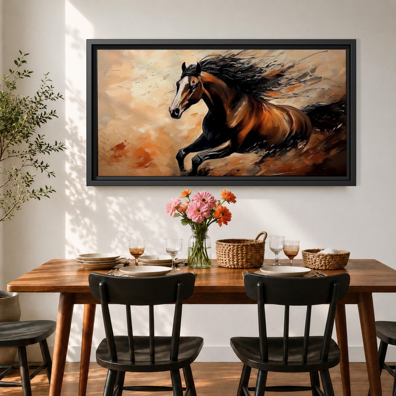 A panoramic painting of a powerful brown horse running at full speed with flowing black mane and tail, captured mid gallop with expressive brushstrokes and warm earthy tones, creating a sense of motion and energy against a textured background of beige and rust colored abstract strokes.