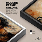 A panoramic painting of a powerful brown horse running at full speed with flowing black mane and tail, captured mid gallop with expressive brushstrokes and warm earthy tones, creating a sense of motion and energy against a textured background of beige and rust colored abstract strokes.