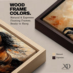 A panoramic painting of a powerful brown horse running at full speed with flowing black mane and tail, captured mid gallop with expressive brushstrokes and warm earthy tones, creating a sense of motion and energy against a textured background of beige and rust colored abstract strokes.