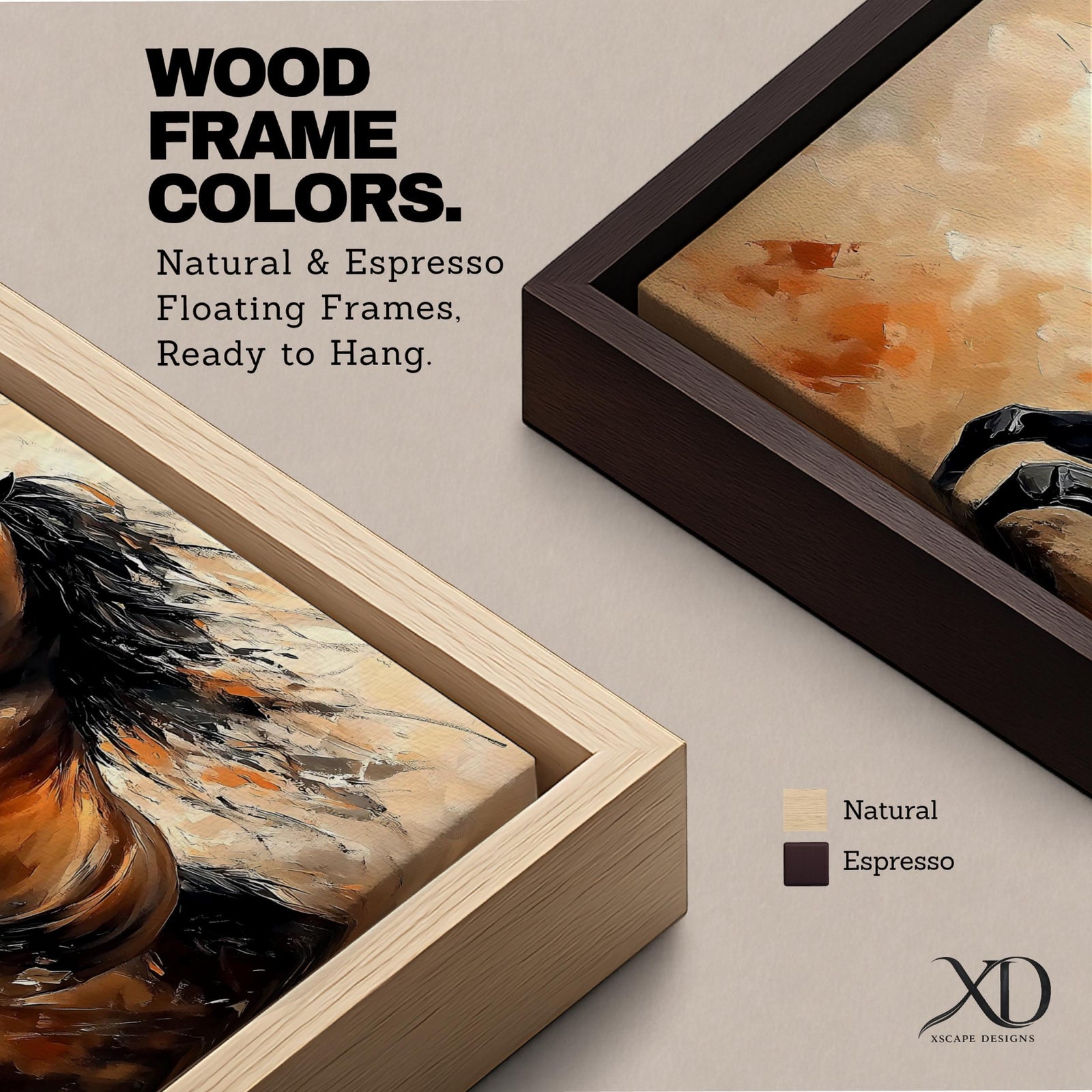 A panoramic painting of a powerful brown horse running at full speed with flowing black mane and tail, captured mid gallop with expressive brushstrokes and warm earthy tones, creating a sense of motion and energy against a textured background of beige and rust colored abstract strokes.