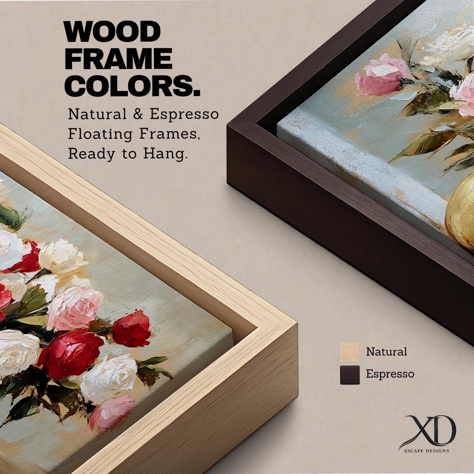 A panoramic still life painting of a large bouquet of red, white, and blush pink roses arranged in a round gold vase with green leaves spreading outward, rendered with textured brushstrokes and soft neutral background tones that emphasize the layered petals and balanced floral composition.
