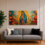A panoramic painting of the Virgin Mary depicted as Our Lady of Guadalupe standing in prayer with hands together, wearing a blue star covered mantle and red dress, surrounded by radiant golden light and vibrant blooming flowers in rich reds, pinks, and oranges painted with expressive textured brushstrokes.