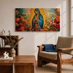A panoramic painting of the Virgin Mary depicted as Our Lady of Guadalupe standing in prayer with hands together, wearing a blue star covered mantle and red dress, surrounded by radiant golden light and vibrant blooming flowers in rich reds, pinks, and oranges painted with expressive textured brushstrokes.