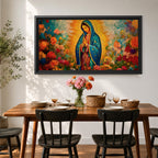 A panoramic painting of the Virgin Mary depicted as Our Lady of Guadalupe standing in prayer with hands together, wearing a blue star covered mantle and red dress, surrounded by radiant golden light and vibrant blooming flowers in rich reds, pinks, and oranges painted with expressive textured brushstrokes.