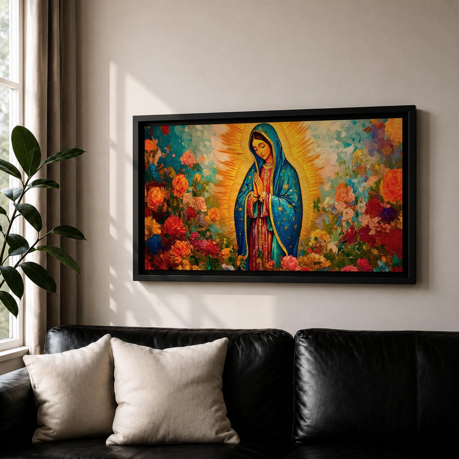 A panoramic painting of the Virgin Mary depicted as Our Lady of Guadalupe standing in prayer with hands together, wearing a blue star covered mantle and red dress, surrounded by radiant golden light and vibrant blooming flowers in rich reds, pinks, and oranges painted with expressive textured brushstrokes.