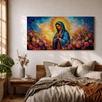 Panoramic painting of the Virgin Mary with hands clasped in prayer wearing a deep blue mantle decorated with golden stars and surrounded by vibrant blooming roses. A radiant golden halo glows behind her head while expressive brushstrokes form colorful clouds and flowers creating a wide devotional religious composition.