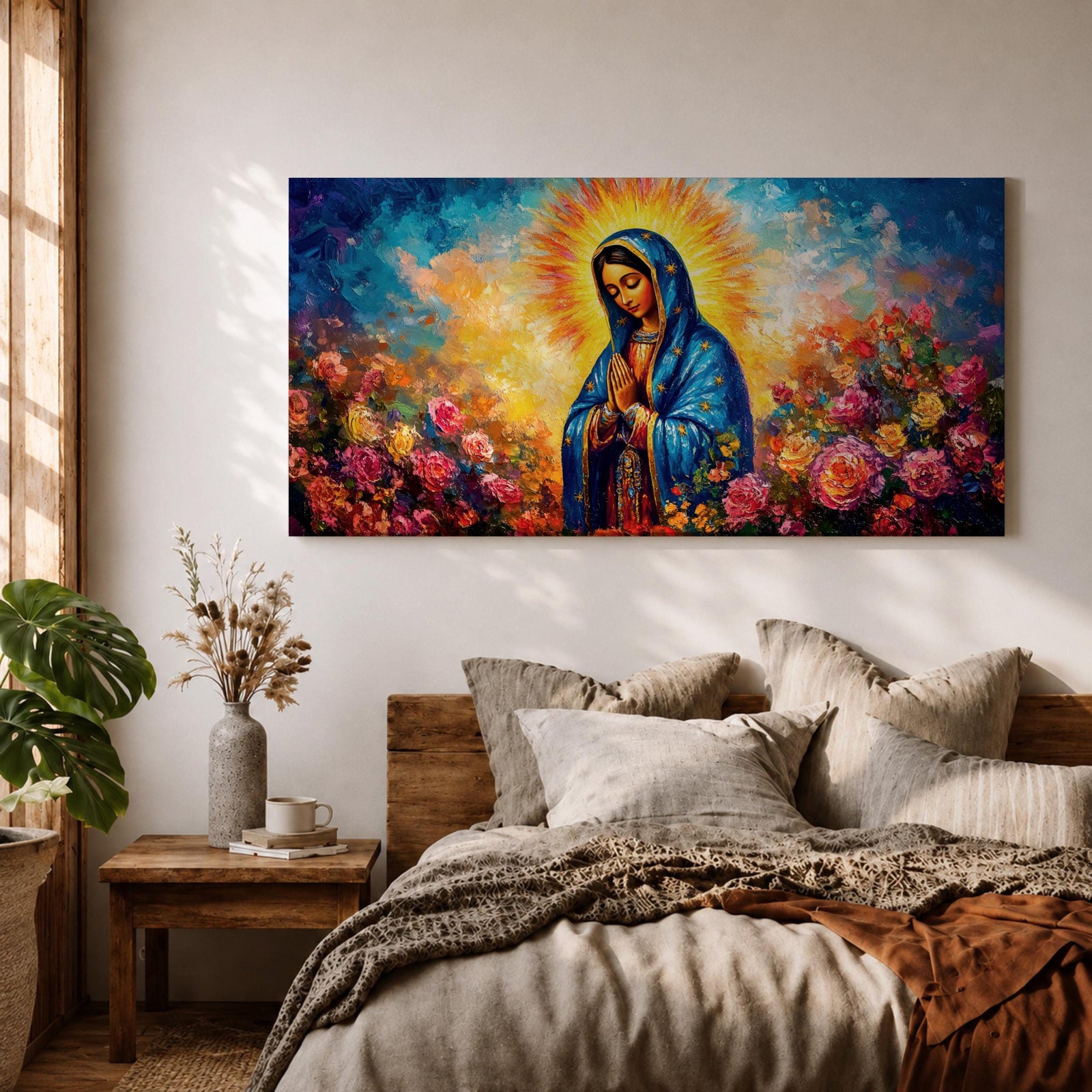 Panoramic painting of the Virgin Mary with hands clasped in prayer wearing a deep blue mantle decorated with golden stars and surrounded by vibrant blooming roses. A radiant golden halo glows behind her head while expressive brushstrokes form colorful clouds and flowers creating a wide devotional religious composition.