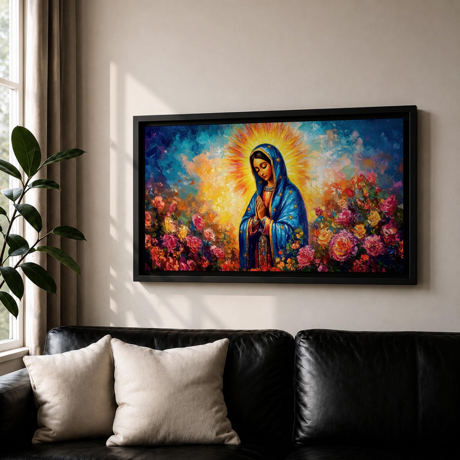 Panoramic painting of the Virgin Mary with hands clasped in prayer wearing a deep blue mantle decorated with golden stars and surrounded by vibrant blooming roses. A radiant golden halo glows behind her head while expressive brushstrokes form colorful clouds and flowers creating a wide devotional religious composition.