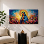 Panoramic painting of the Virgin Mary with hands clasped in prayer wearing a deep blue mantle decorated with golden stars and surrounded by vibrant blooming roses. A radiant golden halo glows behind her head while expressive brushstrokes form colorful clouds and flowers creating a wide devotional religious composition.