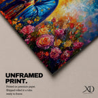 Panoramic painting of the Virgin Mary with hands clasped in prayer wearing a deep blue mantle decorated with golden stars and surrounded by vibrant blooming roses. A radiant golden halo glows behind her head while expressive brushstrokes form colorful clouds and flowers creating a wide devotional religious composition.