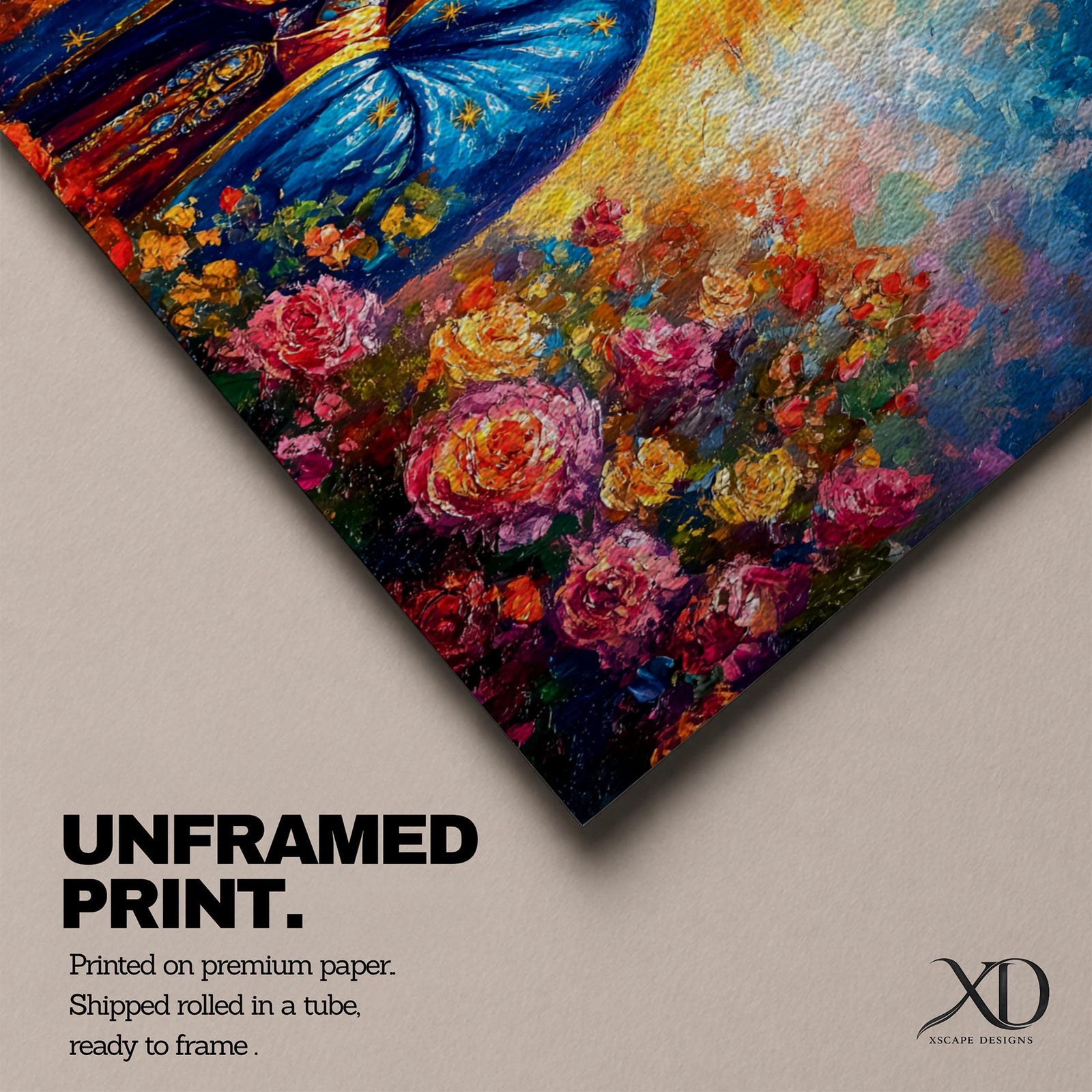 Panoramic painting of the Virgin Mary with hands clasped in prayer wearing a deep blue mantle decorated with golden stars and surrounded by vibrant blooming roses. A radiant golden halo glows behind her head while expressive brushstrokes form colorful clouds and flowers creating a wide devotional religious composition.