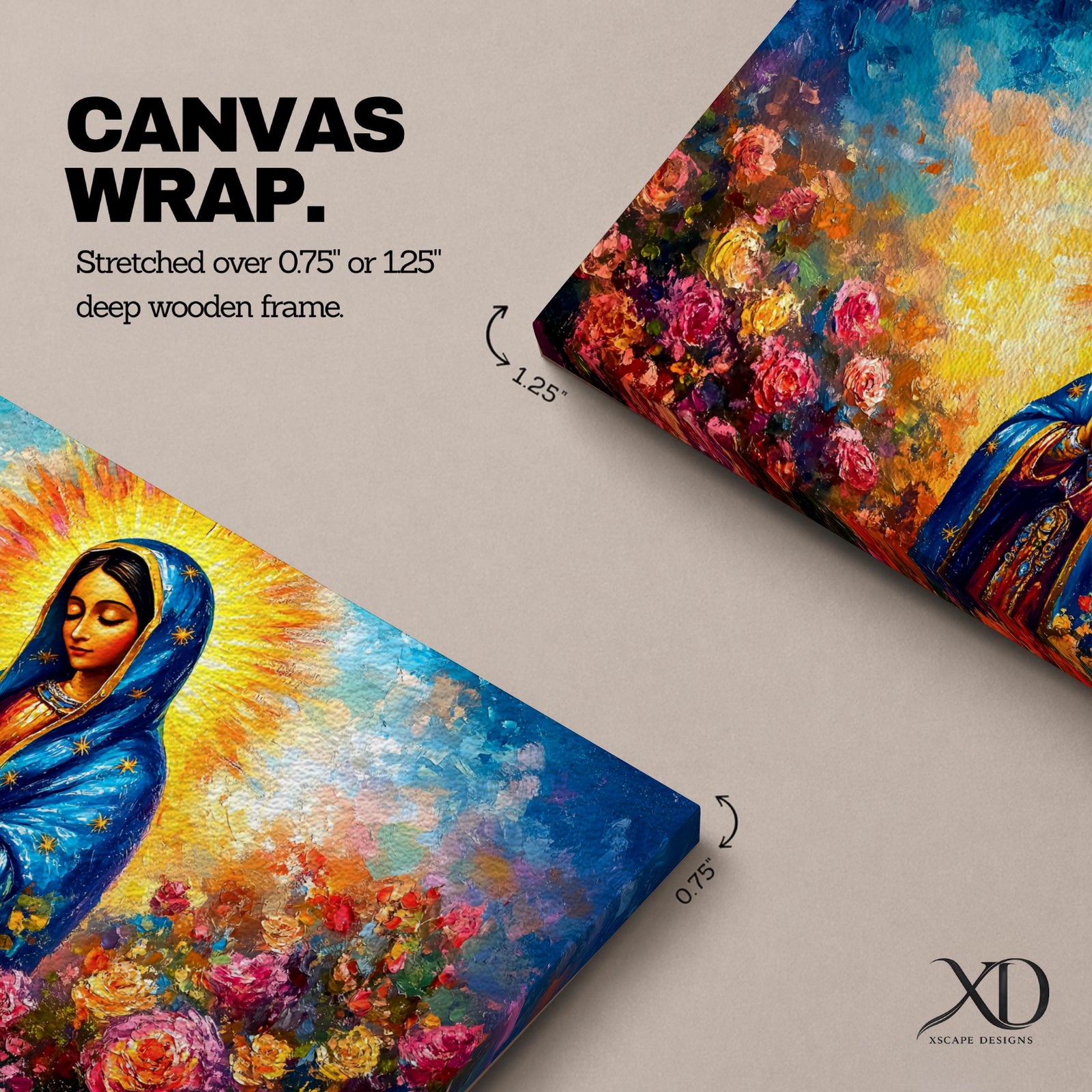 Panoramic painting of the Virgin Mary with hands clasped in prayer wearing a deep blue mantle decorated with golden stars and surrounded by vibrant blooming roses. A radiant golden halo glows behind her head while expressive brushstrokes form colorful clouds and flowers creating a wide devotional religious composition.