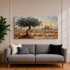 Panoramic mosaic style painting of Masjid Al Aqsa in Jerusalem with the golden Dome of the Rock rising across the historic skyline. A textured olive tree stands in the foreground on a stone terrace while tile like brushstrokes form the ancient city walls rooftops and mosque domes creating a wide Middle Eastern architectural landscape.