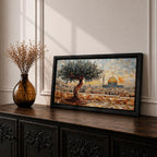 Panoramic mosaic style painting of Masjid Al Aqsa in Jerusalem with the golden Dome of the Rock rising across the historic skyline. A textured olive tree stands in the foreground on a stone terrace while tile like brushstrokes form the ancient city walls rooftops and mosque domes creating a wide Middle Eastern architectural landscape.