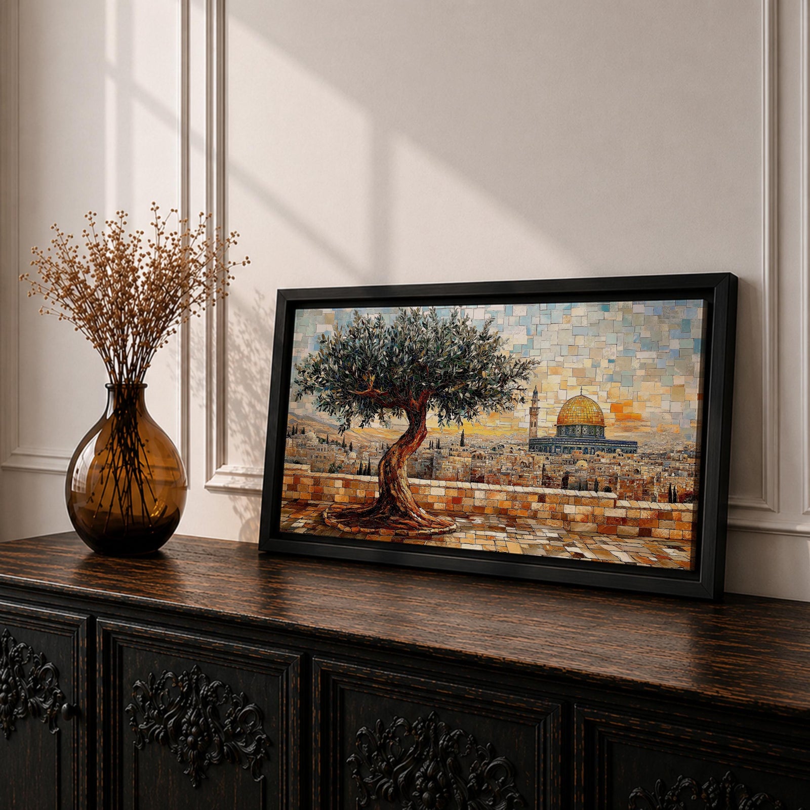 Panoramic mosaic style painting of Masjid Al Aqsa in Jerusalem with the golden Dome of the Rock rising across the historic skyline. A textured olive tree stands in the foreground on a stone terrace while tile like brushstrokes form the ancient city walls rooftops and mosque domes creating a wide Middle Eastern architectural landscape.