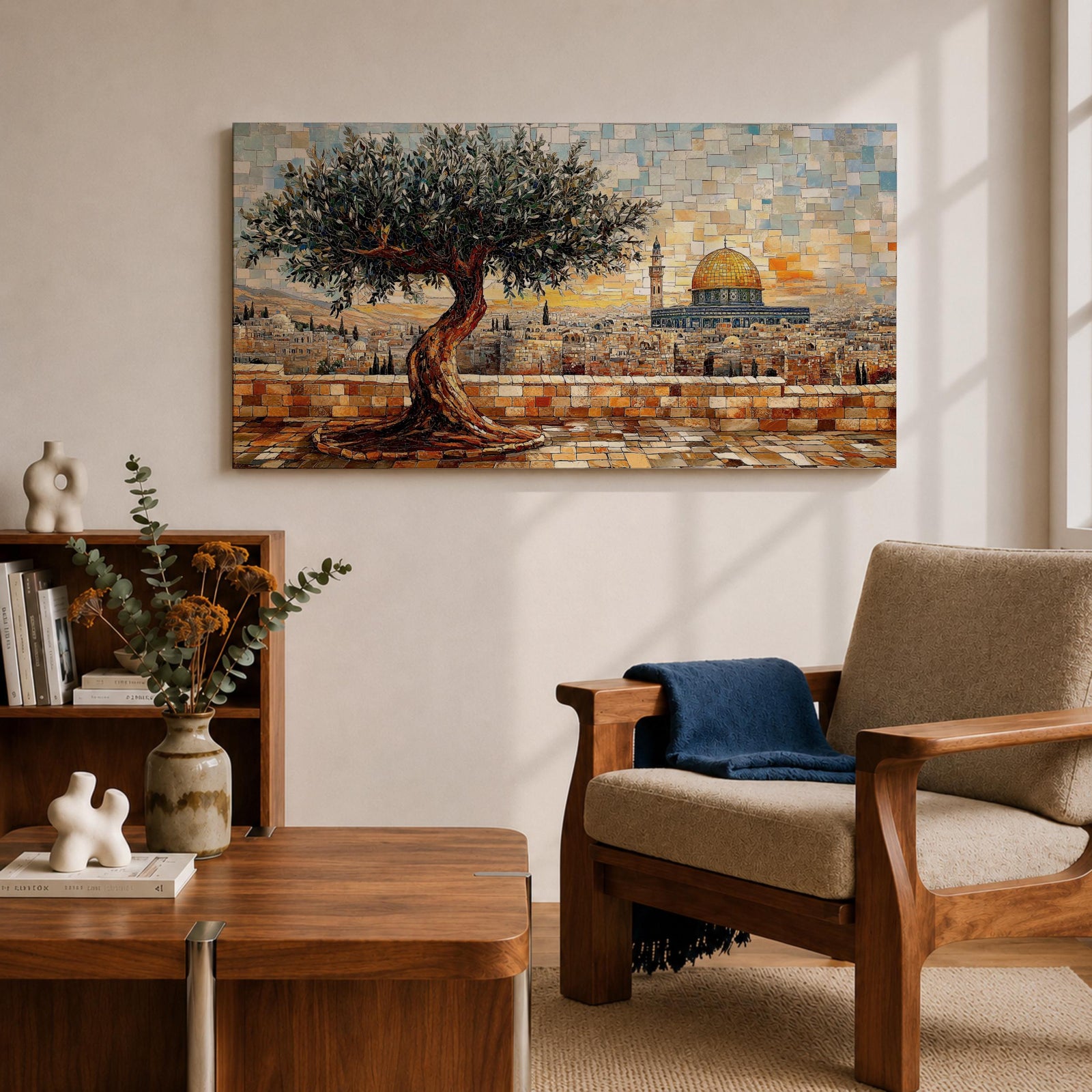Panoramic mosaic style painting of Masjid Al Aqsa in Jerusalem with the golden Dome of the Rock rising across the historic skyline. A textured olive tree stands in the foreground on a stone terrace while tile like brushstrokes form the ancient city walls rooftops and mosque domes creating a wide Middle Eastern architectural landscape.