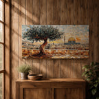 Panoramic mosaic style painting of Masjid Al Aqsa in Jerusalem with the golden Dome of the Rock rising across the historic skyline. A textured olive tree stands in the foreground on a stone terrace while tile like brushstrokes form the ancient city walls rooftops and mosque domes creating a wide Middle Eastern architectural landscape.