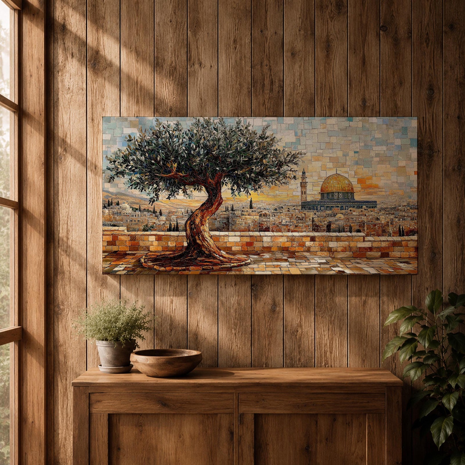 Panoramic mosaic style painting of Masjid Al Aqsa in Jerusalem with the golden Dome of the Rock rising across the historic skyline. A textured olive tree stands in the foreground on a stone terrace while tile like brushstrokes form the ancient city walls rooftops and mosque domes creating a wide Middle Eastern architectural landscape.