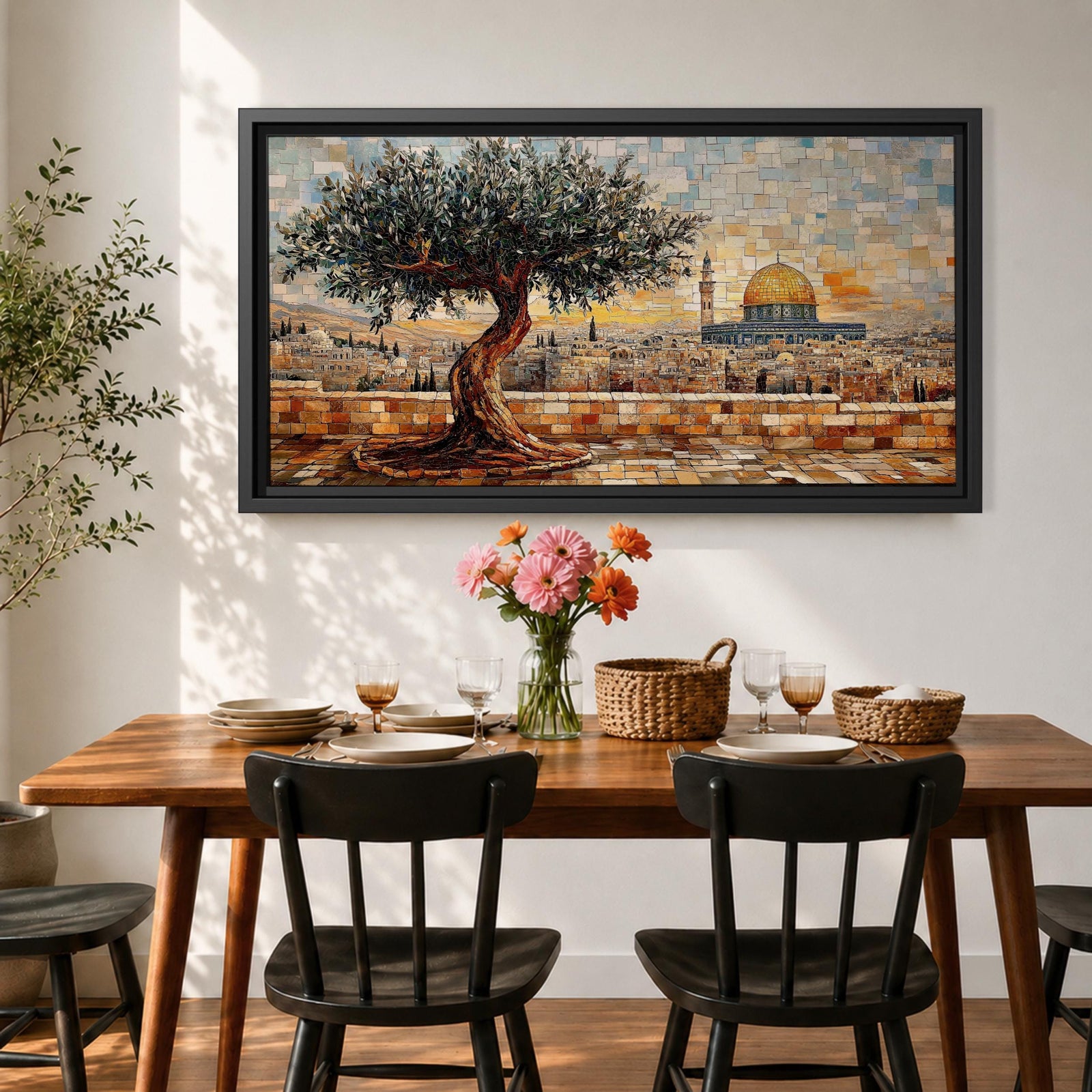 Panoramic mosaic style painting of Masjid Al Aqsa in Jerusalem with the golden Dome of the Rock rising across the historic skyline. A textured olive tree stands in the foreground on a stone terrace while tile like brushstrokes form the ancient city walls rooftops and mosque domes creating a wide Middle Eastern architectural landscape.