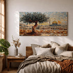 Panoramic mosaic style painting of Masjid Al Aqsa in Jerusalem with the golden Dome of the Rock rising across the historic skyline. A textured olive tree stands in the foreground on a stone terrace while tile like brushstrokes form the ancient city walls rooftops and mosque domes creating a wide Middle Eastern architectural landscape.