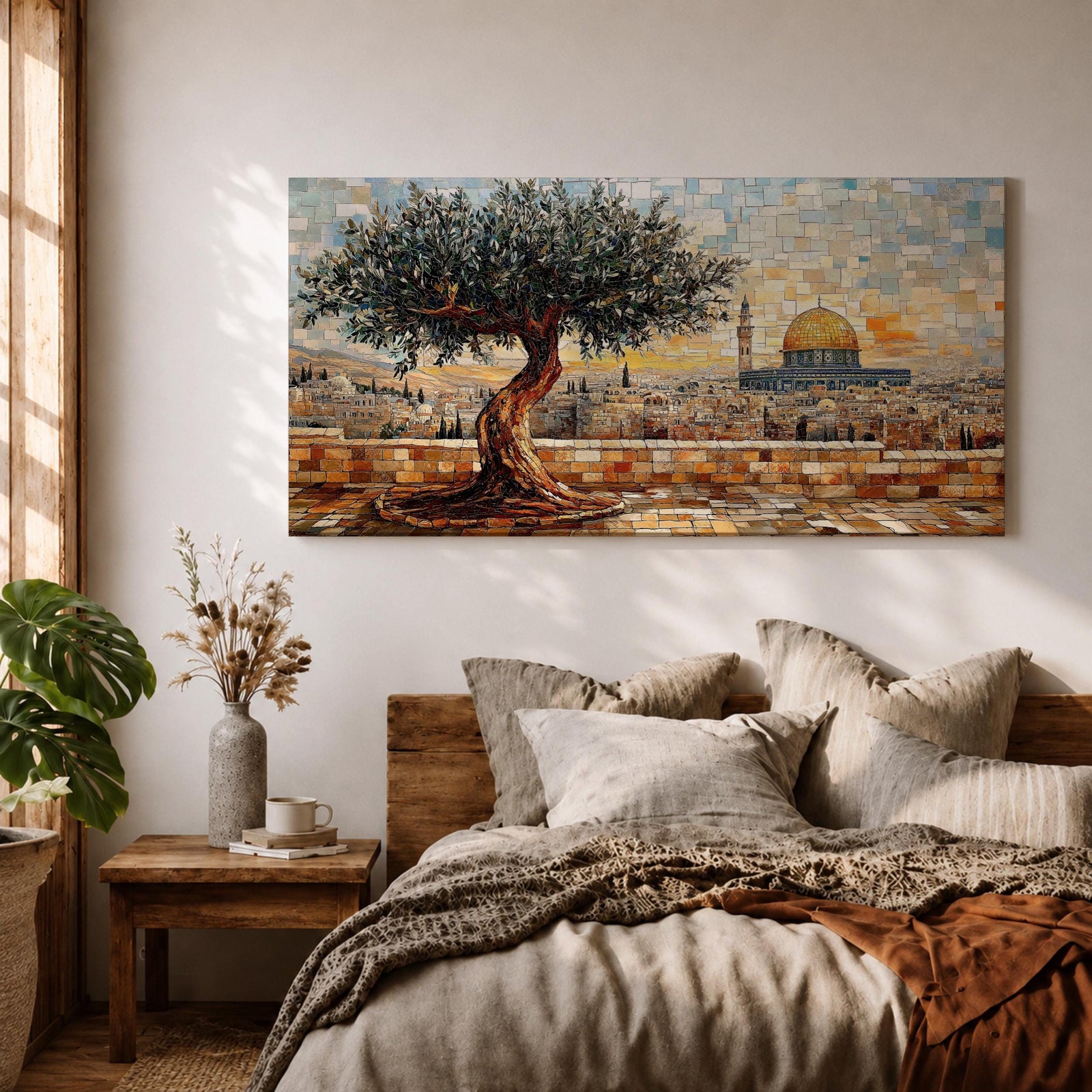 Panoramic mosaic style painting of Masjid Al Aqsa in Jerusalem with the golden Dome of the Rock rising across the historic skyline. A textured olive tree stands in the foreground on a stone terrace while tile like brushstrokes form the ancient city walls rooftops and mosque domes creating a wide Middle Eastern architectural landscape.