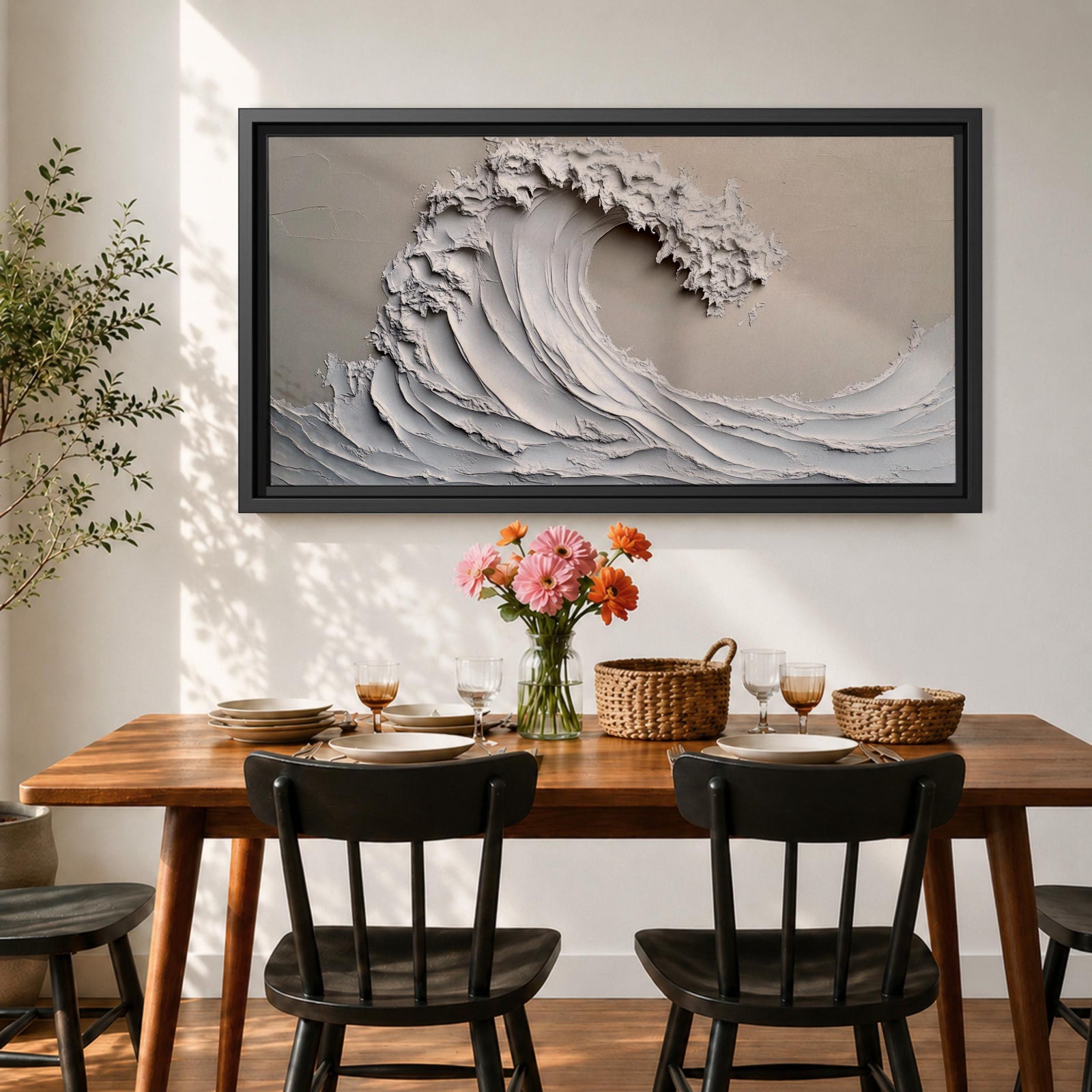 Panoramic textured relief artwork depicting a powerful ocean wave curling upward in sculpted layered forms. The cresting breaker is rendered with thick plaster like ridges and flowing contours in soft neutral tones, creating a minimalist seascape with depth and movement across the wide horizontal composition.