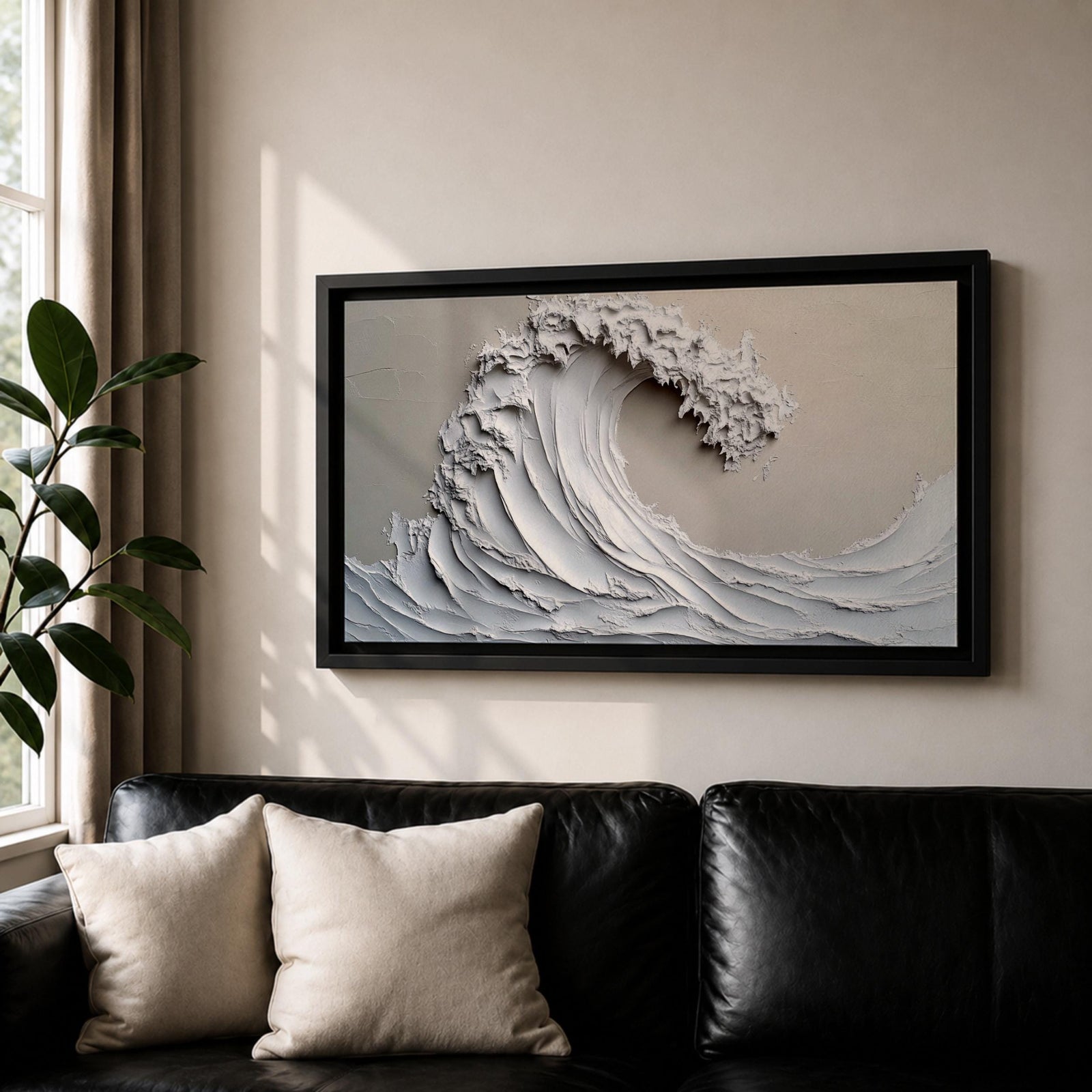 Panoramic textured relief artwork depicting a powerful ocean wave curling upward in sculpted layered forms. The cresting breaker is rendered with thick plaster like ridges and flowing contours in soft neutral tones, creating a minimalist seascape with depth and movement across the wide horizontal composition.