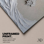 Panoramic textured relief artwork depicting a powerful ocean wave curling upward in sculpted layered forms. The cresting breaker is rendered with thick plaster like ridges and flowing contours in soft neutral tones, creating a minimalist seascape with depth and movement across the wide horizontal composition.