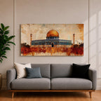 Panoramic abstract painting of the Dome of the Rock rising above the Jerusalem skyline with its golden dome glowing among historic stone buildings and mosque structures. Textured brushstrokes create layered architecture arches and rooftops while warm gold beige and blue tones spread across the wide Middle Eastern cityscape.