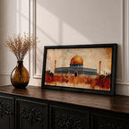 Panoramic abstract painting of the Dome of the Rock rising above the Jerusalem skyline with its golden dome glowing among historic stone buildings and mosque structures. Textured brushstrokes create layered architecture arches and rooftops while warm gold beige and blue tones spread across the wide Middle Eastern cityscape.