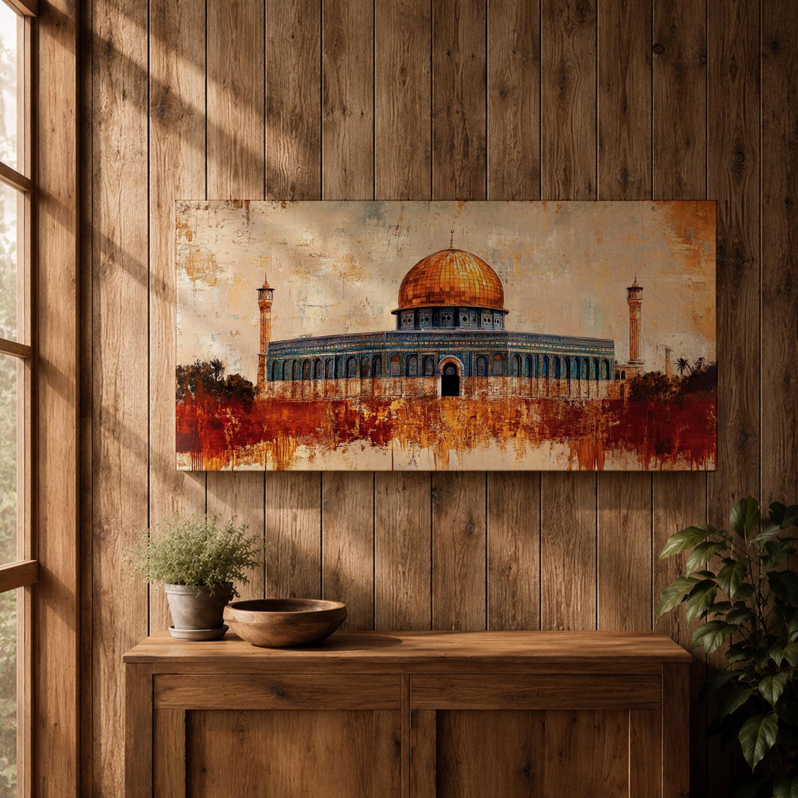 Panoramic abstract painting of the Dome of the Rock rising above the Jerusalem skyline with its golden dome glowing among historic stone buildings and mosque structures. Textured brushstrokes create layered architecture arches and rooftops while warm gold beige and blue tones spread across the wide Middle Eastern cityscape.