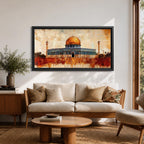 Panoramic abstract painting of the Dome of the Rock rising above the Jerusalem skyline with its golden dome glowing among historic stone buildings and mosque structures. Textured brushstrokes create layered architecture arches and rooftops while warm gold beige and blue tones spread across the wide Middle Eastern cityscape.
