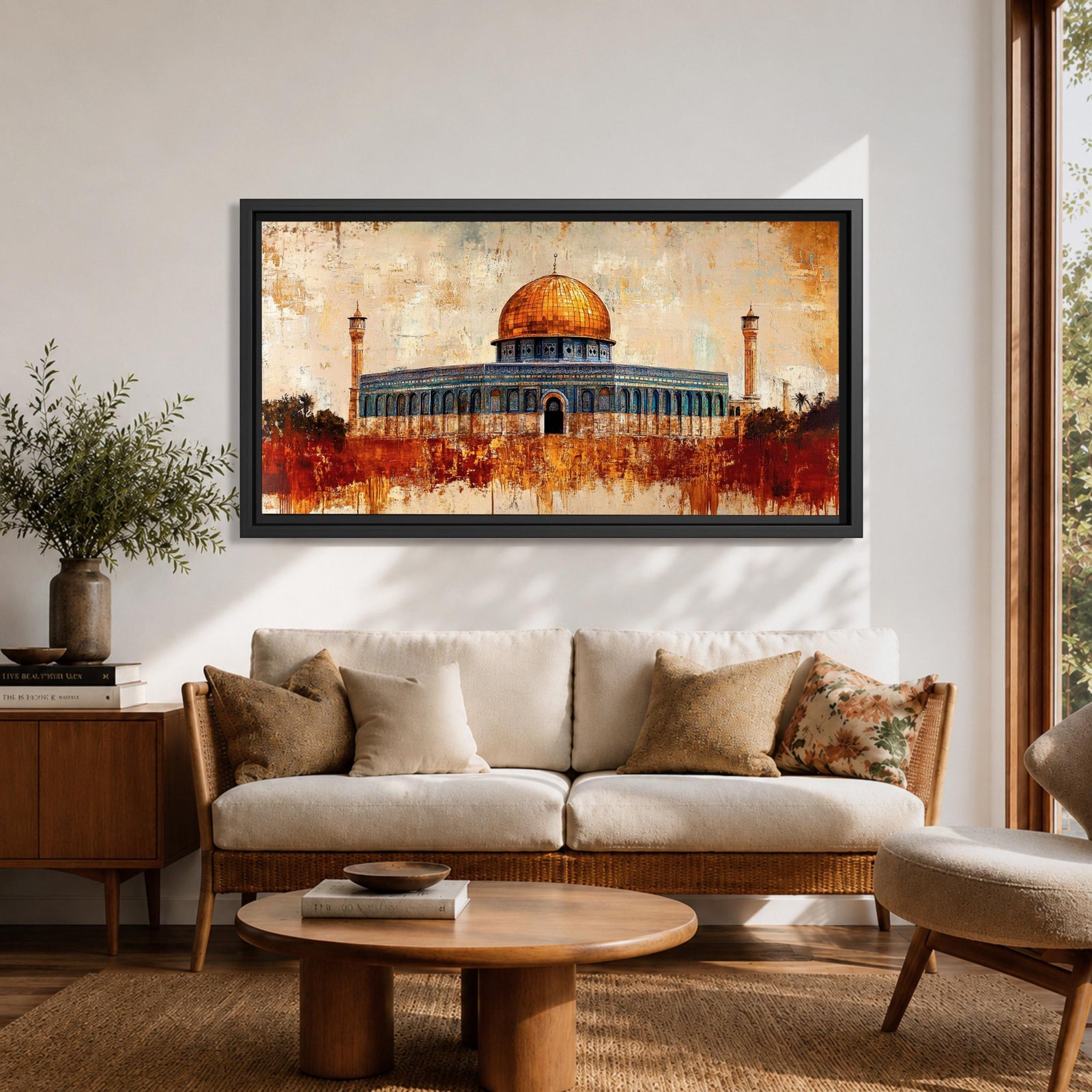 Panoramic abstract painting of the Dome of the Rock rising above the Jerusalem skyline with its golden dome glowing among historic stone buildings and mosque structures. Textured brushstrokes create layered architecture arches and rooftops while warm gold beige and blue tones spread across the wide Middle Eastern cityscape.