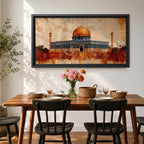 Panoramic abstract painting of the Dome of the Rock rising above the Jerusalem skyline with its golden dome glowing among historic stone buildings and mosque structures. Textured brushstrokes create layered architecture arches and rooftops while warm gold beige and blue tones spread across the wide Middle Eastern cityscape.
