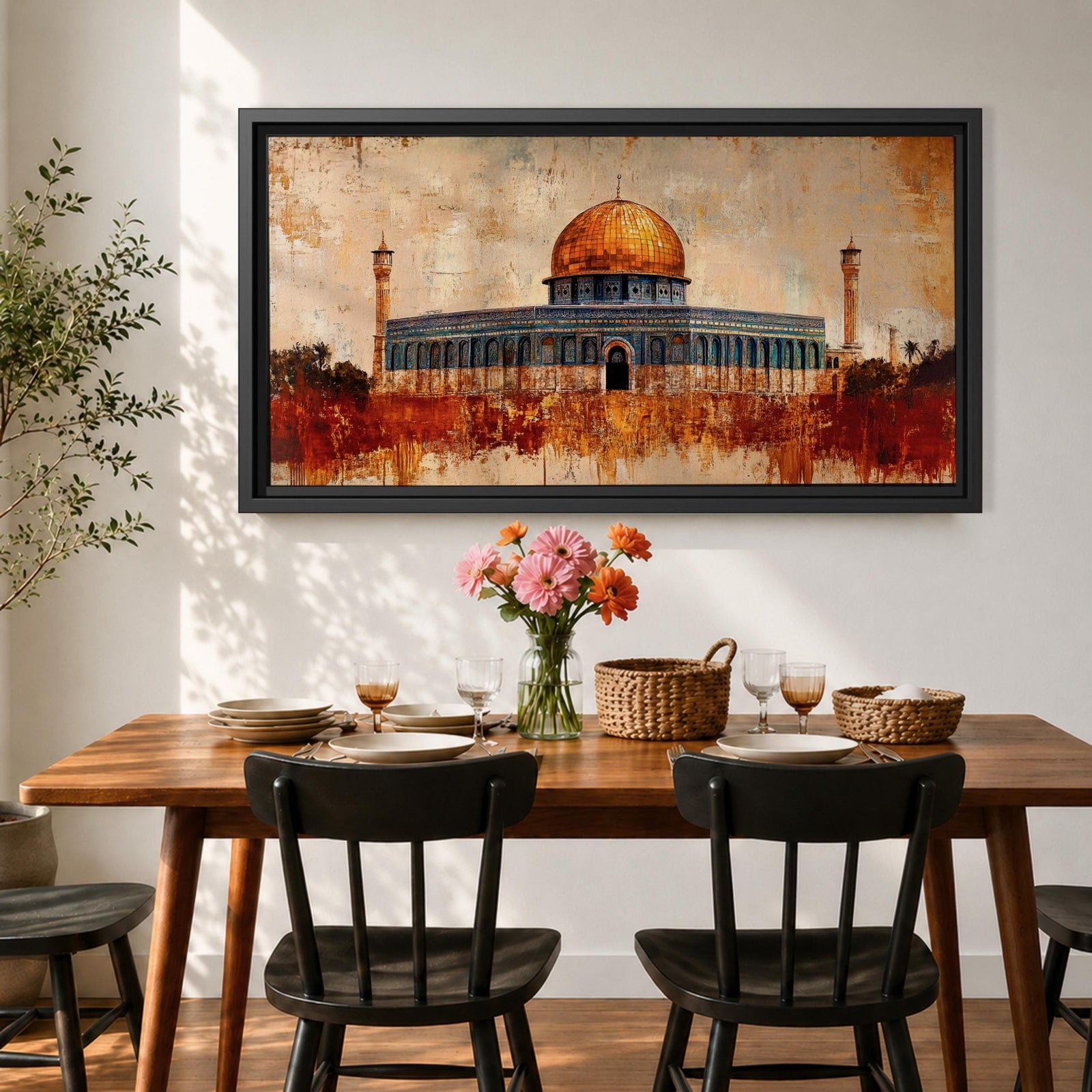 Panoramic abstract painting of the Dome of the Rock rising above the Jerusalem skyline with its golden dome glowing among historic stone buildings and mosque structures. Textured brushstrokes create layered architecture arches and rooftops while warm gold beige and blue tones spread across the wide Middle Eastern cityscape.