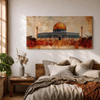 Panoramic abstract painting of the Dome of the Rock rising above the Jerusalem skyline with its golden dome glowing among historic stone buildings and mosque structures. Textured brushstrokes create layered architecture arches and rooftops while warm gold beige and blue tones spread across the wide Middle Eastern cityscape.